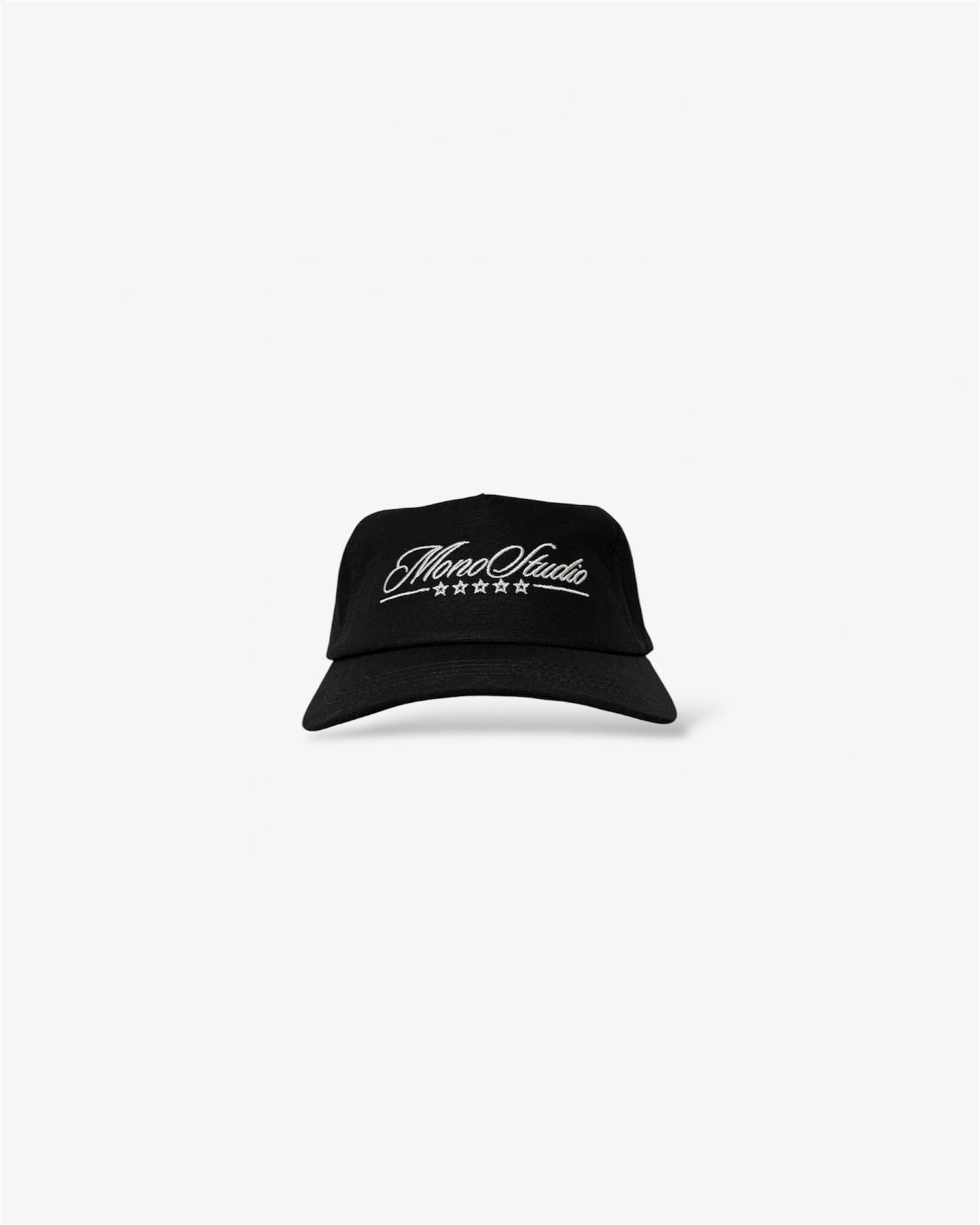 Black cap with white logo on a white background