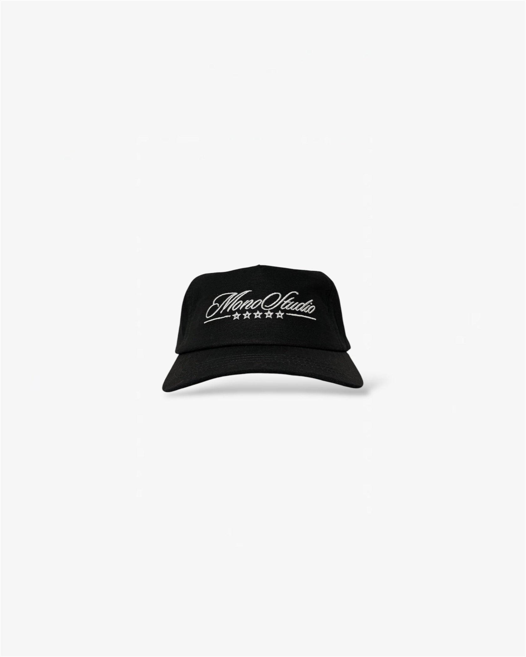 Black cap with white logo on a white background