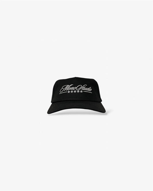 Black cap with white logo on a white background